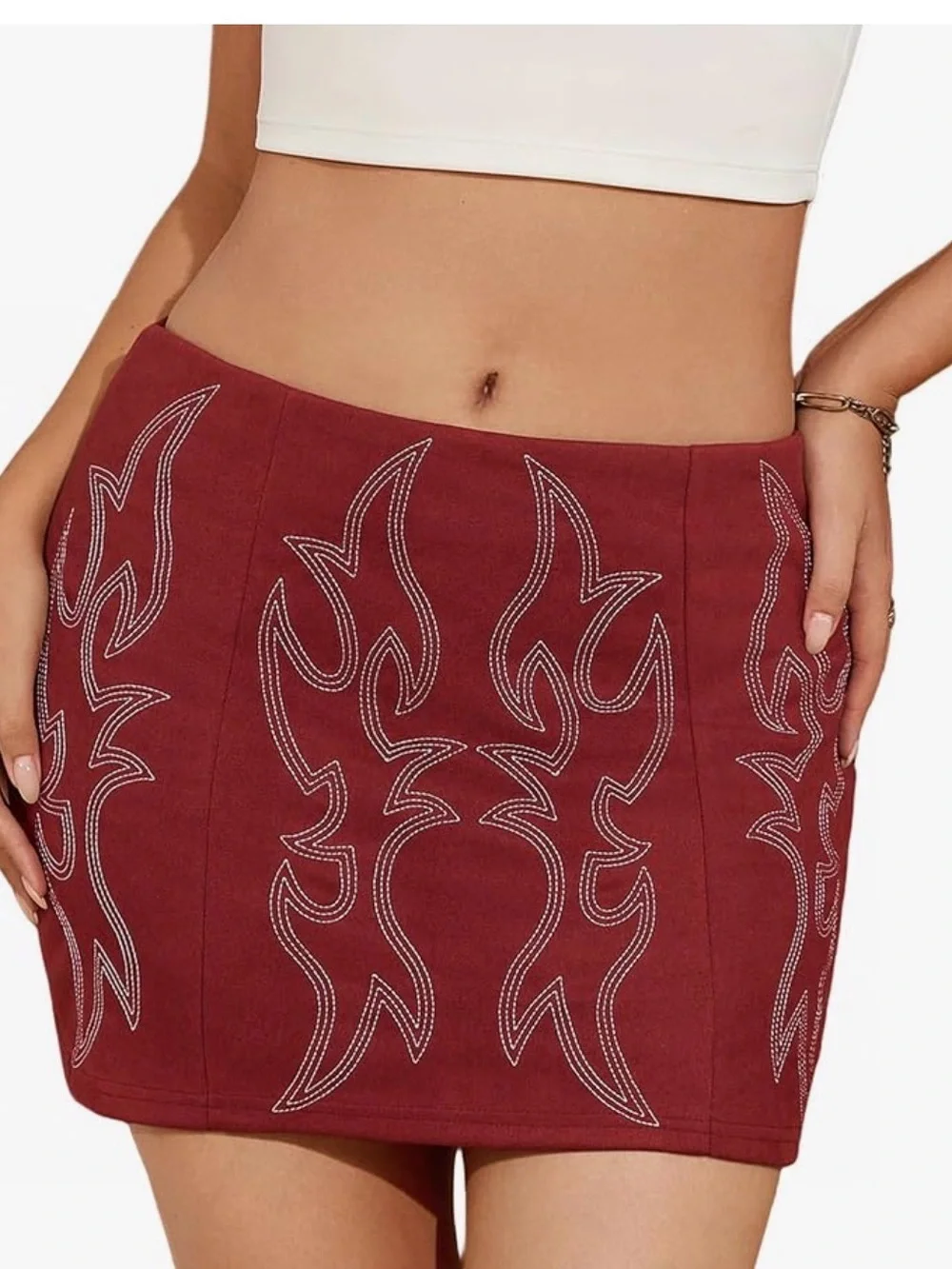Women’s Burgundy Flame-Embroidered Mini Skirt